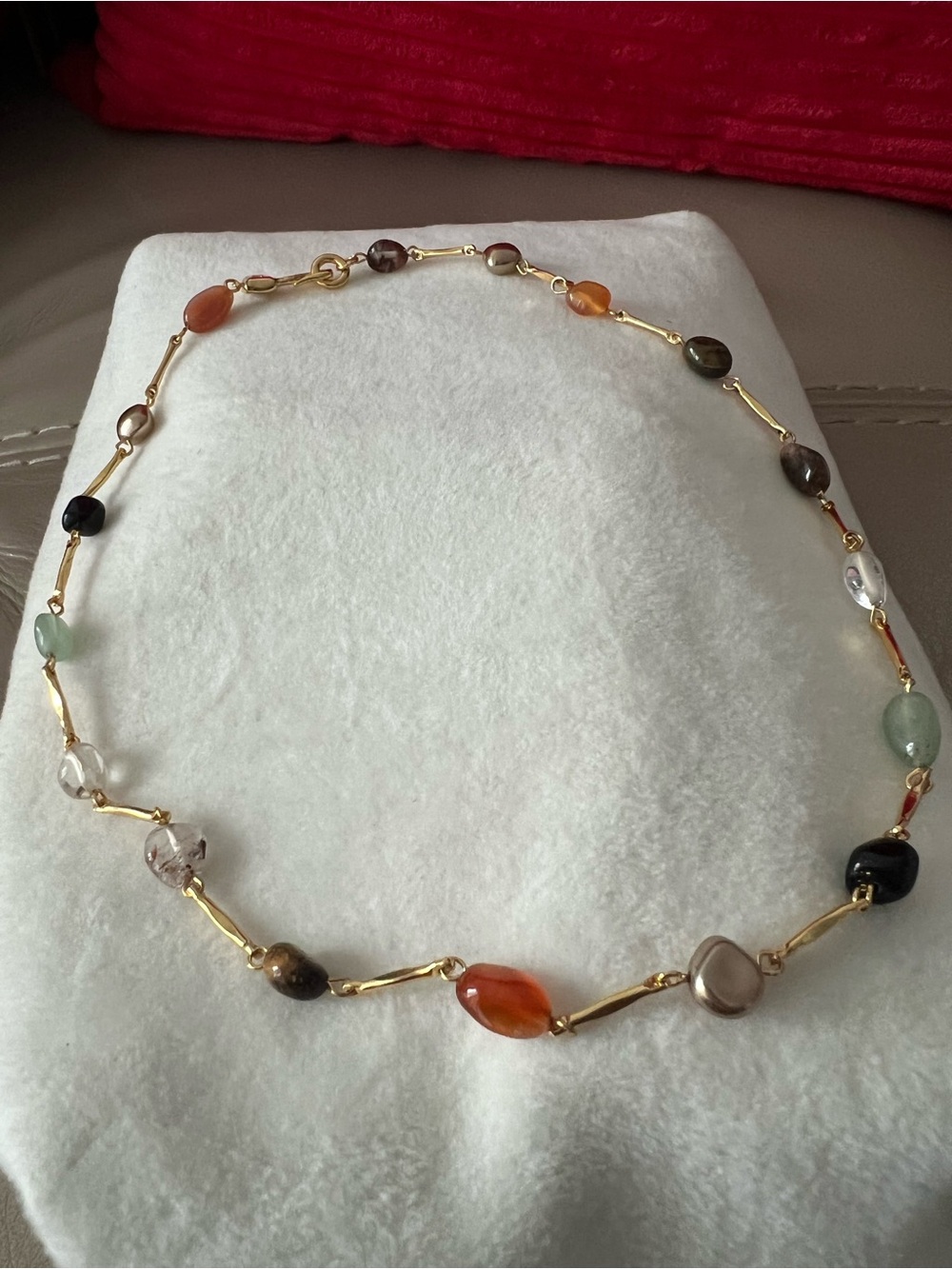Gold Tone Multi-Stone Beaded Necklace - Carnelian & Mixed Gem Colors